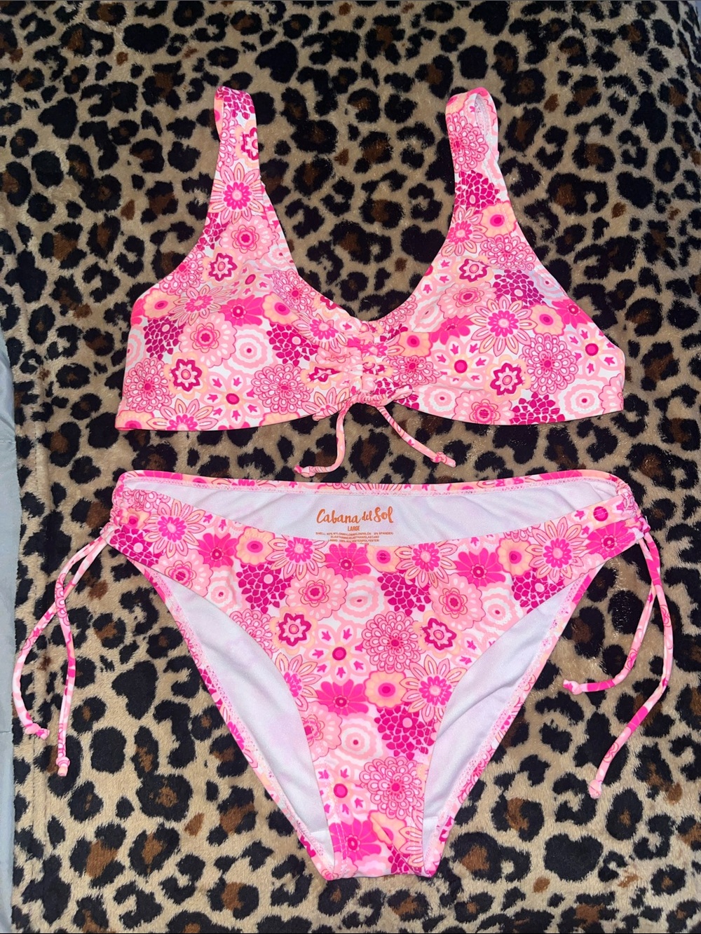 Cabana del Sol Pink Floral Bikini Set Adjustable Tie Large Juniors